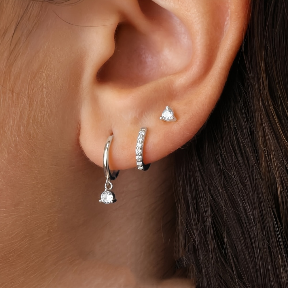 TEMU 3pcss Women's Easy Zirconia Stud Earrings Niche Set Ear Jewelry 3pcs Set Ear Clips Studs