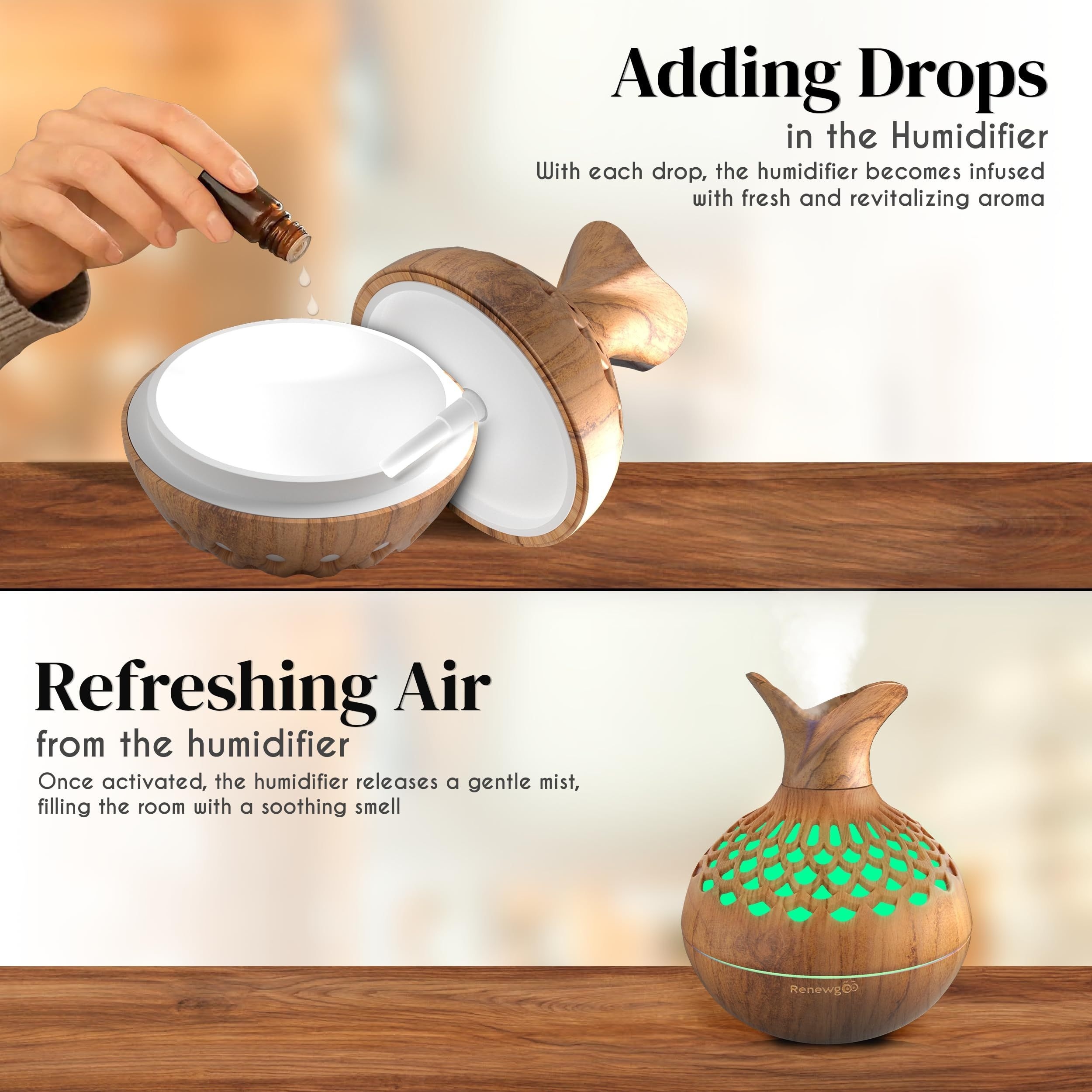 wood grain ultrasonic humidifier 10   usb powered single room humidifier with dual mist   essential aroma diffuser for multiple room types abs plastic ideal christmas gift details 2