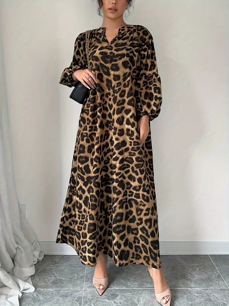 Women's Loose Long Sleeve Flared Dress with Leopard Print and V-Neck for Spring, Summer, and Autumn Casual Wear Women's Loose Long Sleeve Flared Dress with Leopard Print and V-Neck for Spring, Summer, and Autumn Casual Wear