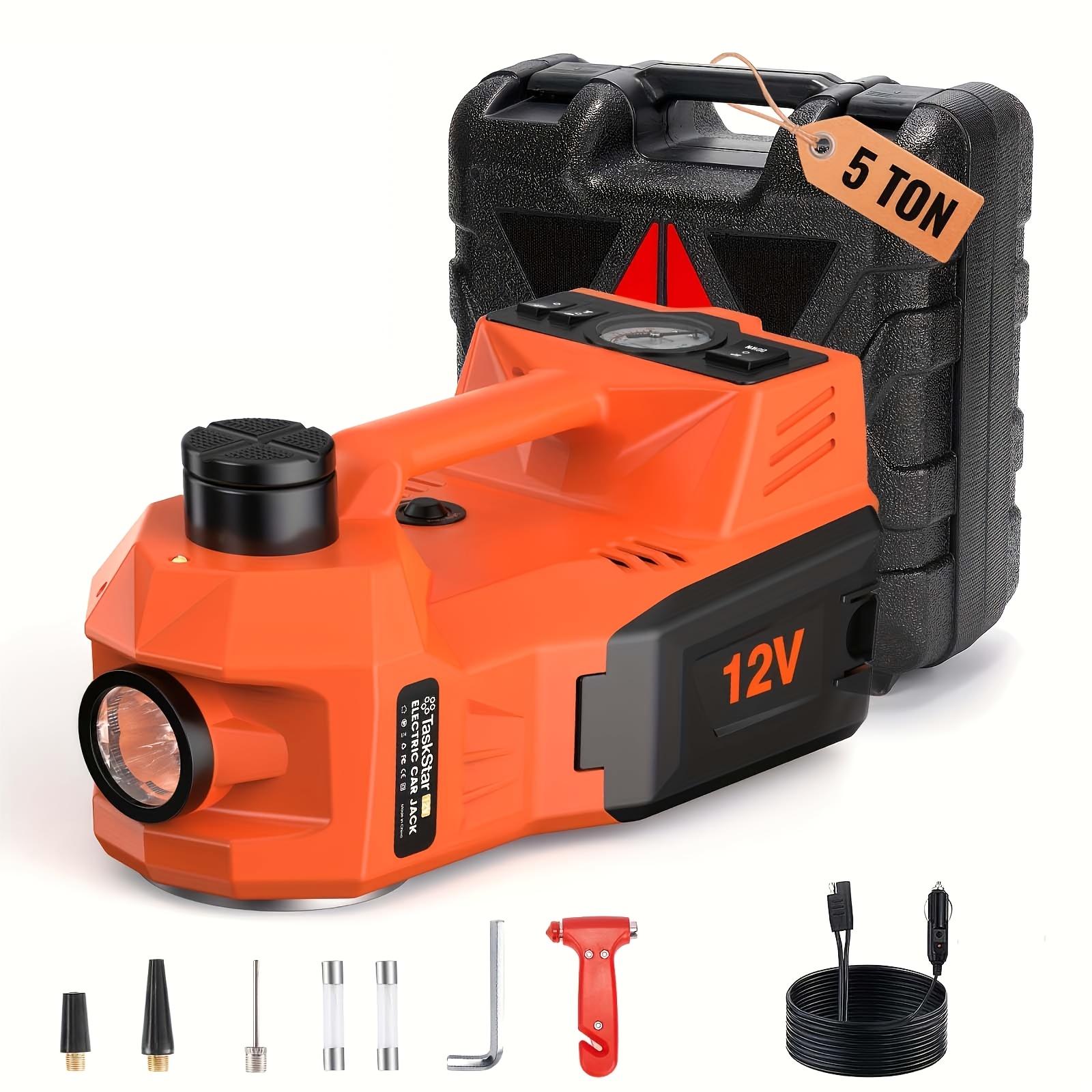 Taskstar 12v 5000lbs/5ton Hydraulic Jack W/ Tire Inflatable Pump And Led Light | 3-min Lift For Car/suv/truck Tire Change | Industrial Machinery Maintenance | Black Friday