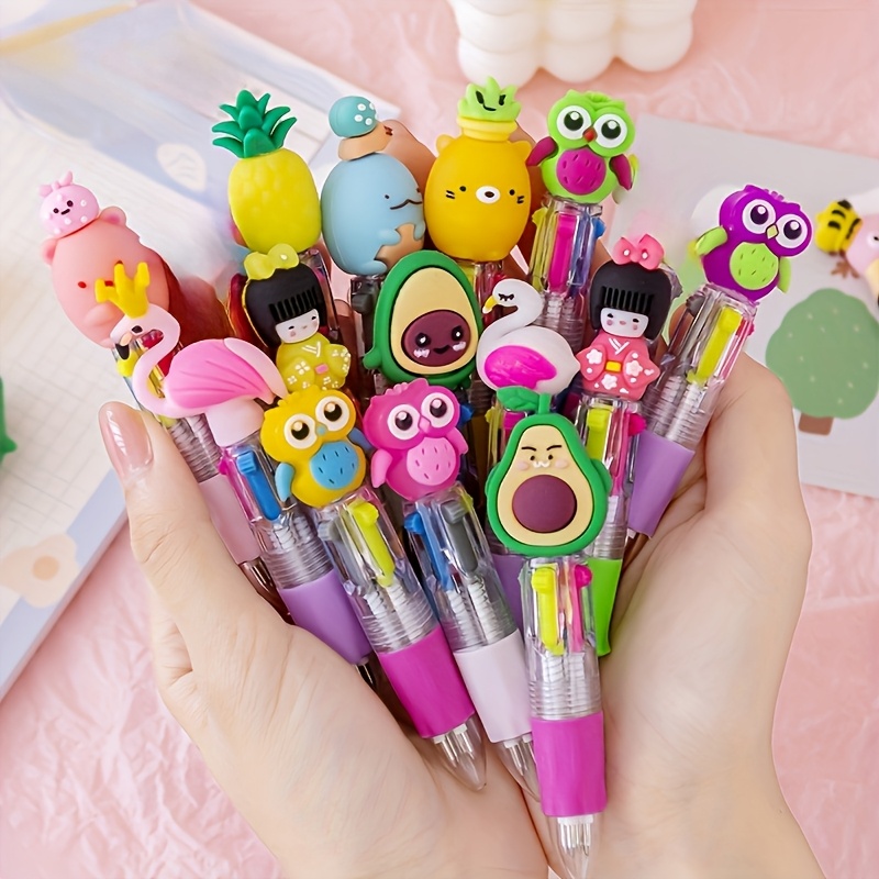 6 20pcs set cute cartoon mini retractable round ballpoint pens 4 in 1 colorful round ballpoint pens medium point oval shape with soft silicone grip suitable for school study supplies prizes and gifts Product details 1