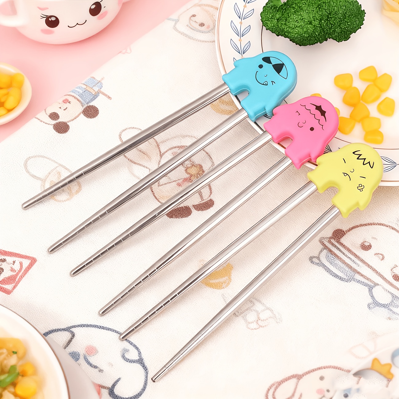TEMU 3pcs Stainless Chopsticks Set, Learning Chopsticks For Eating, Corrective Chopsticks With Cute Cartoon Patterns, Multiple Colors/patterns