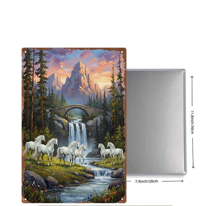 1pc of Vintage Tin Decorative Painting, Seven White Horses by The Stream Waterfall, Metal Sign, Metal Poster, Indoor Hanging Decoration, Suitable for Living Room Decoration, Bedroom Background Wall, Office Embellishment, Entrance Arrangement