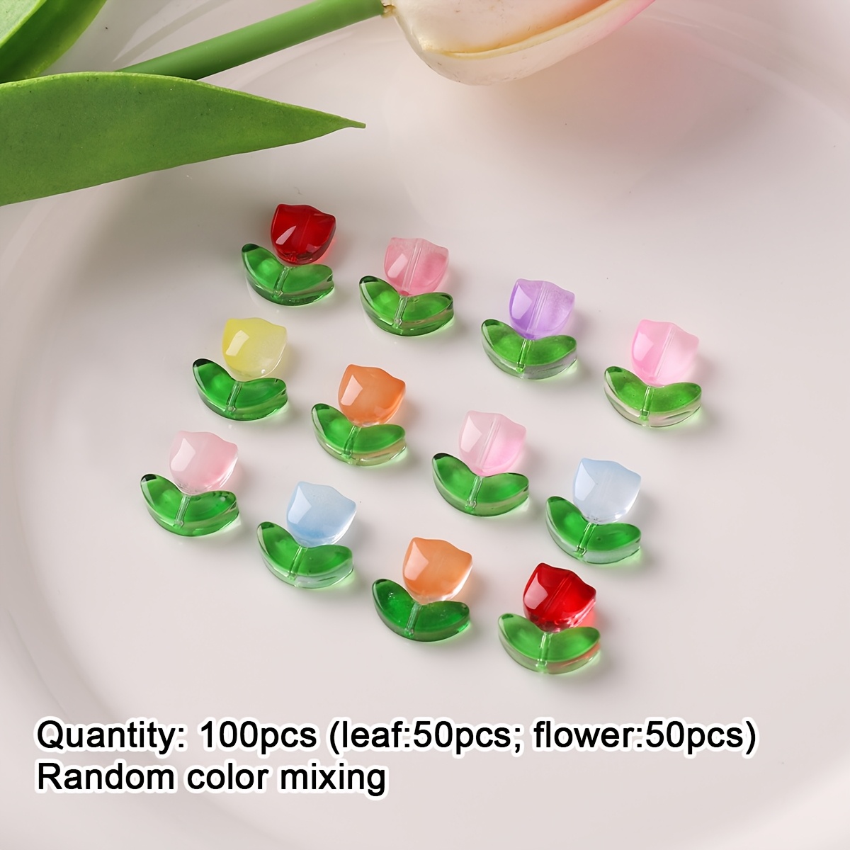 TEMU 60-100pcs/set Mixed Color Tulip Leaf Beads, Colored Glass Spacer Beads, Random Colors, Suitable For Jewelry Making, Diy Bracelet Earring Craft