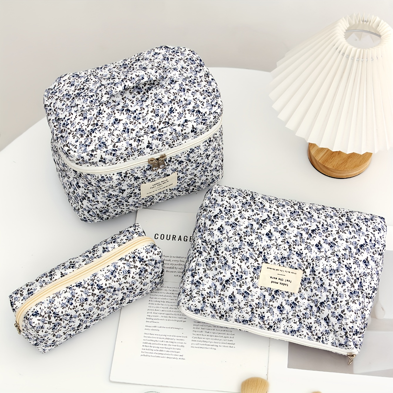 TEMU Ensemble de 3 sacs pour femme, trousse de maquillage à motif floral bleu, convient aux étudiantes, au travail de bureau, au rangement pour les ,