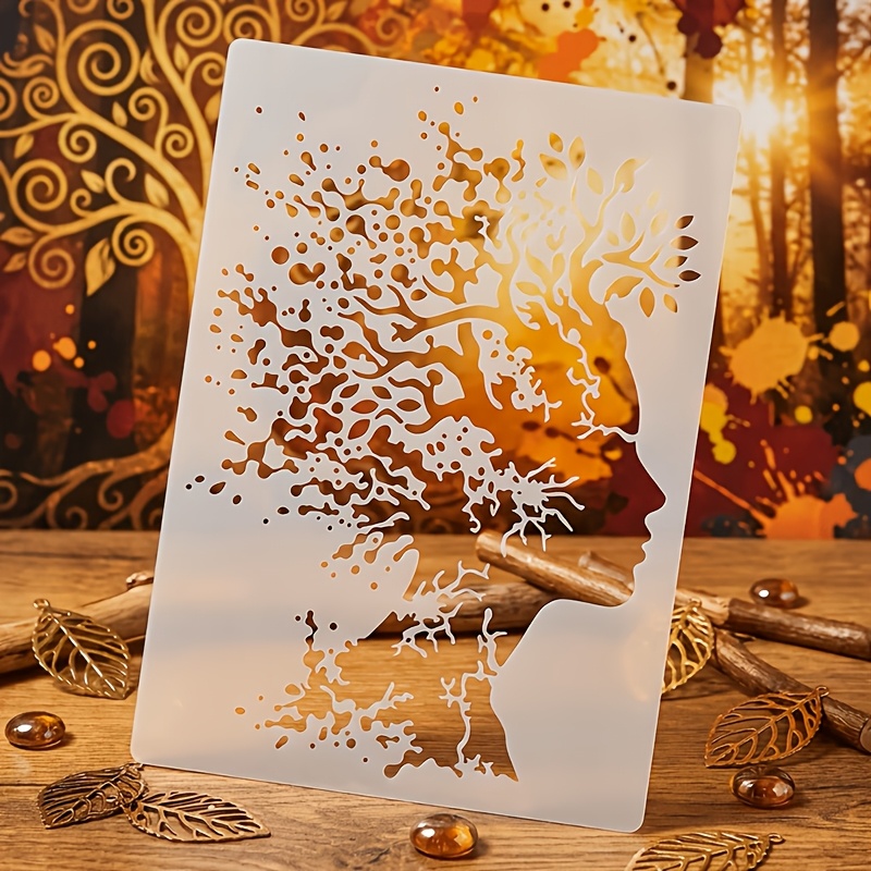 TEMU Large A4 Reusable Washable Plastic Stencil Suitable For Diy Crafts - Female Face & Tree Templates With Bohemian Line Art, For Spray Painting