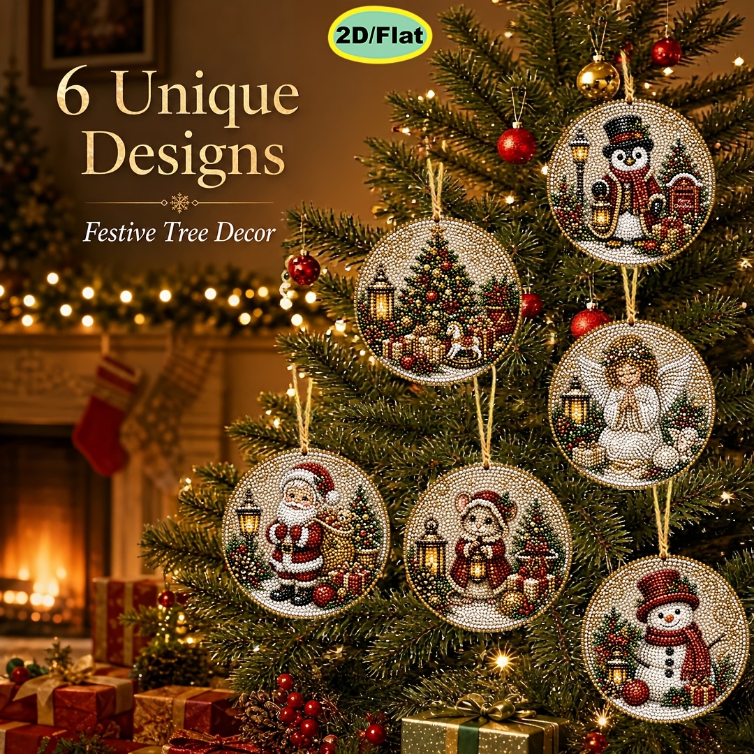 TEMU 6-delige Diamond Painting Kit, Parel Kerst Houten Tag Hanger, 2D Platte Stijl Beginner, Kerstboom Ornament, Raam Huis Vakantie Feest Decoratie,