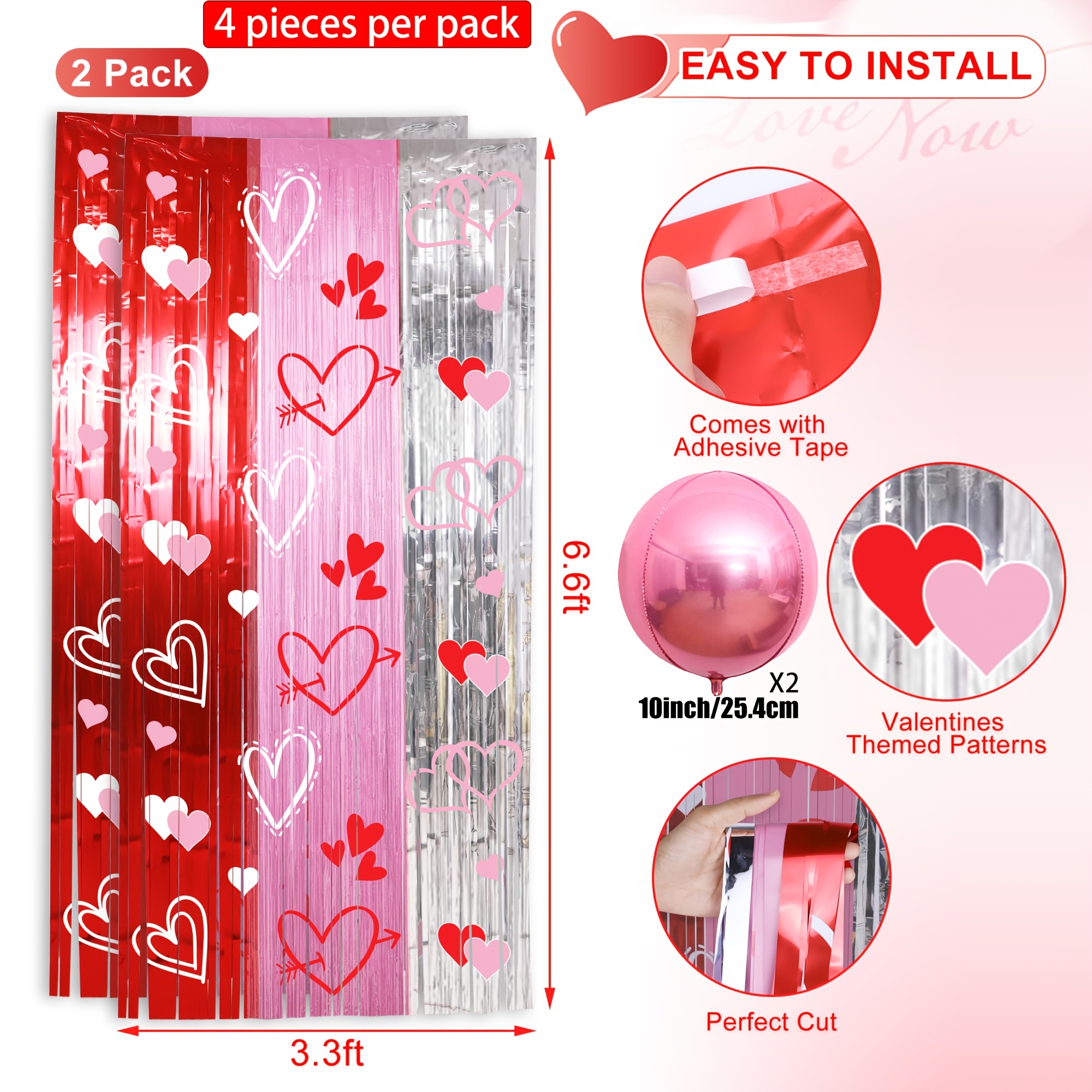 TEMU 4 Pack, Aluminum Foil Background Valentine's Day Party Decoration Streamer And "pink Balloons, 2 Pack 3.3x 6.6 Ft Silver Valentine's Day
