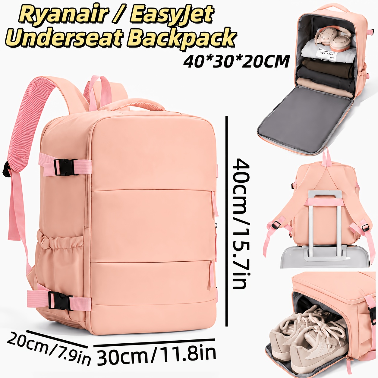 TEMU Mochila de viaje para guardar debajo del asiento Ryanair EasyJet 40x30x20cm, bolso de cabina para artículo personal con compartimento separado
