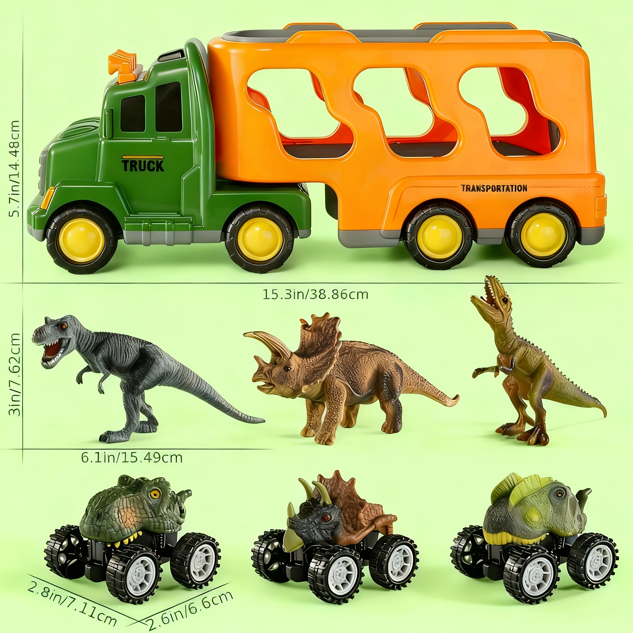 TEMU Dinosaurs Truck Toys Suitable For Boys -5 Years - Push-action Dino & Monster Car Friction Vehicle With Effects, 3 Dino Figures & 3 Cars, -