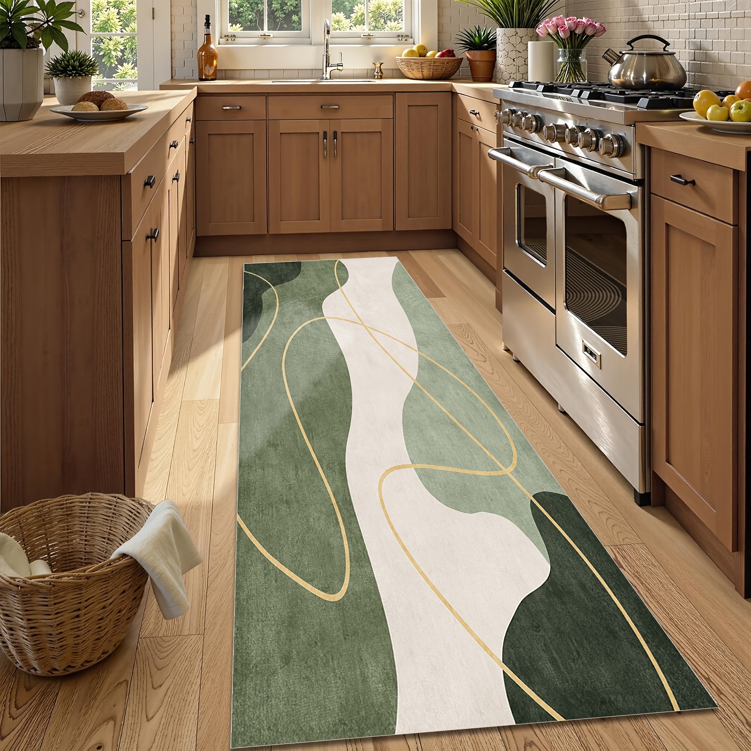 TEMU 1pc Morandi Green Long Strip Printed Rug, Christmas Decoration, Indoor/outdoor Printed Floor Mat, Nordic Bohemian Style Carpet, Suitable For