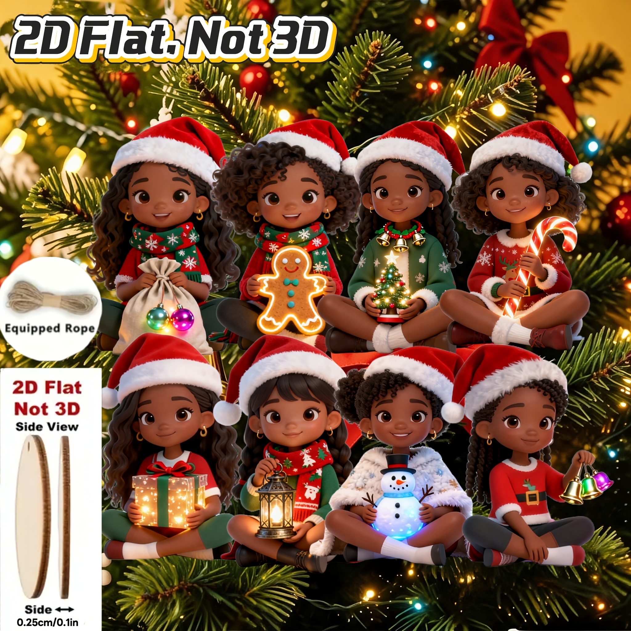 TEMU 2d Flat, 8pcs Set Of Adorable African American Girls Holding Christmas Props Patterned Wooden Hanging Ornaments, Creative Christmas Hanging