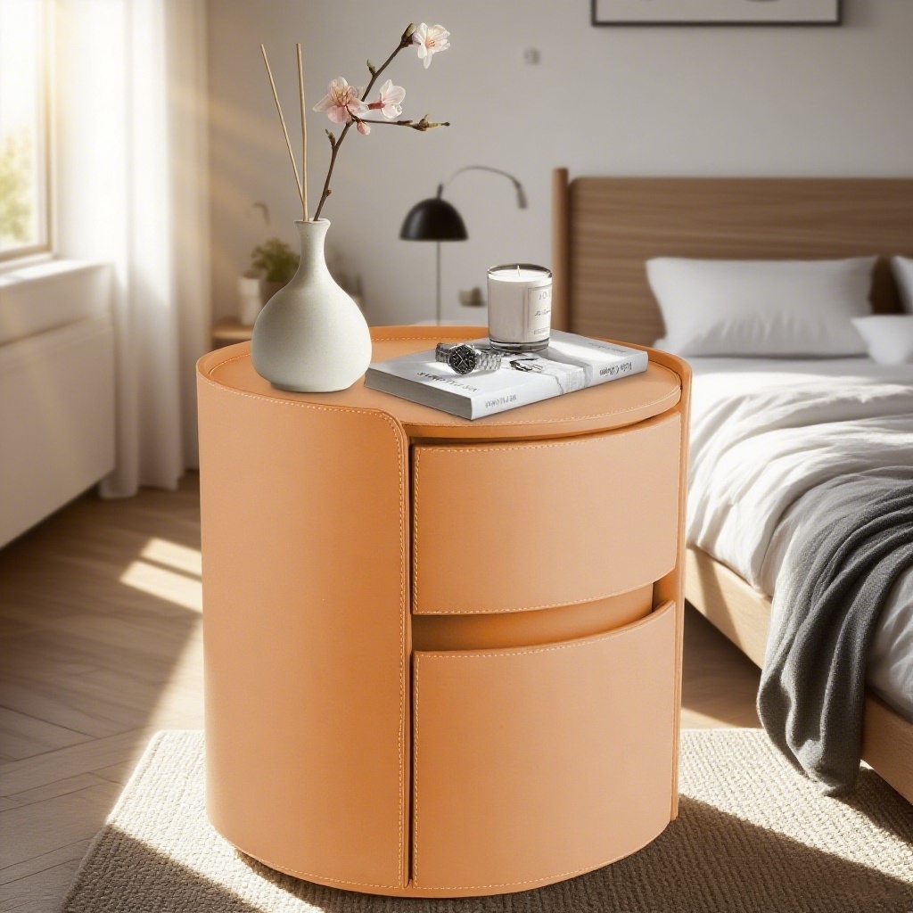round nightstand modern solid wood nightstand minimalist bedroom nightstand 2 drawer storage cabinet suitable for home office or bedroom 45 45 50cm load capacity approximately 20kg bedside table office furniture contemporary furniture orange 12