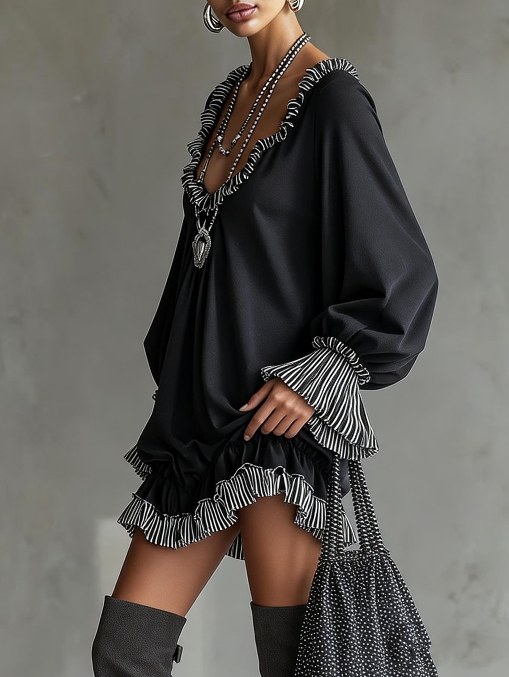 v neck dress   striped ruffle loose    