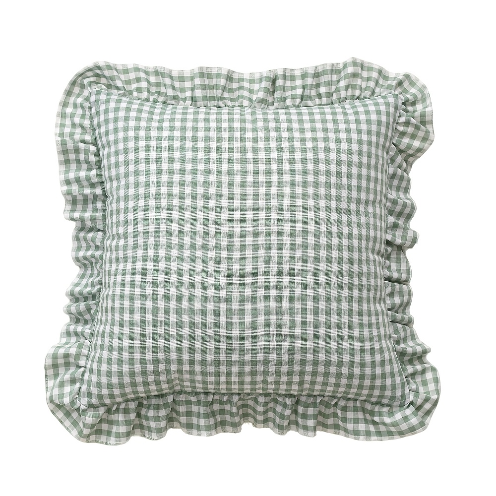 TEMU 1 pièce Taie d'oreiller à ourlet à volants à carreaux (coussin non inclus), Housse de coussin printanière de style pastoral et ferme pour salon,