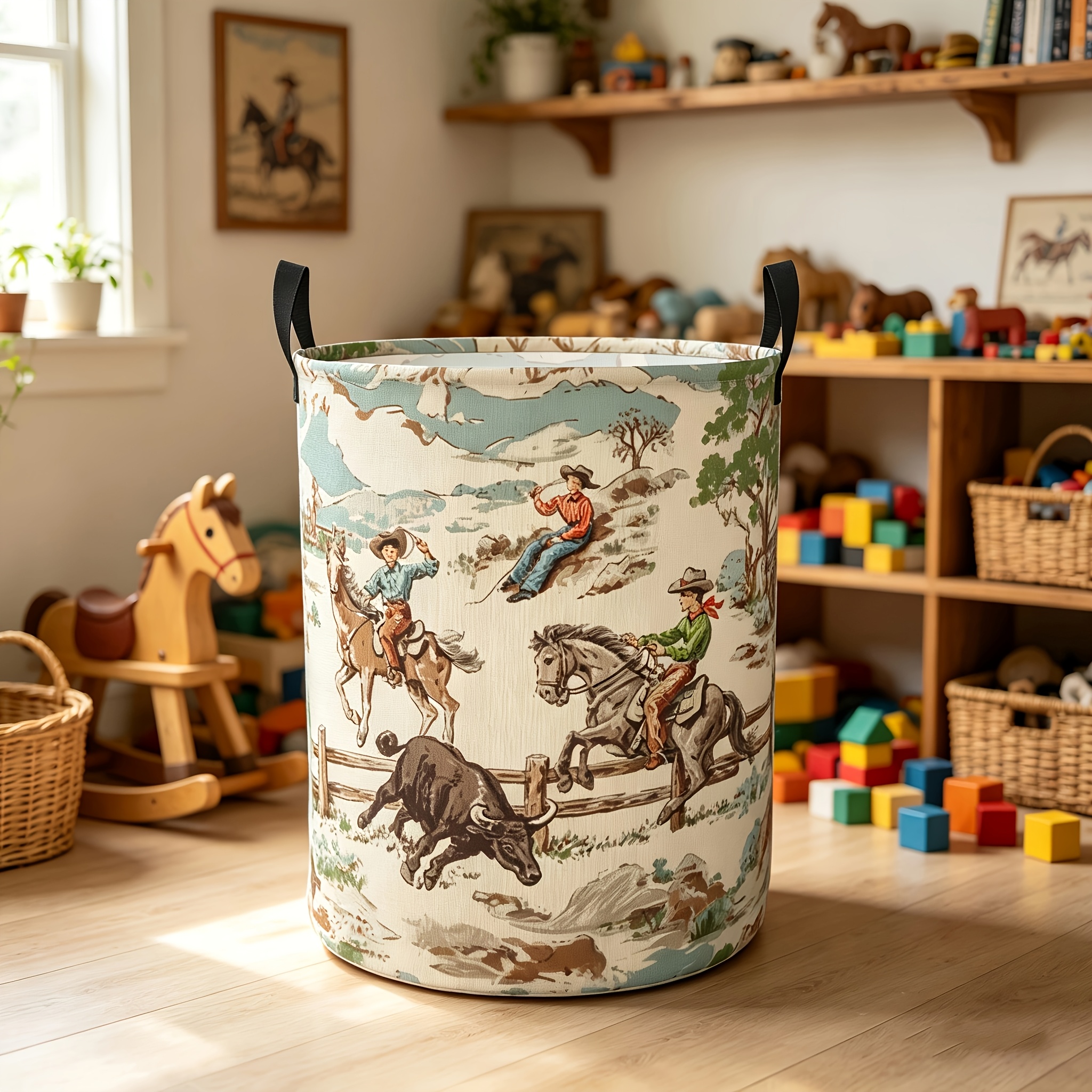 TEMU 1pc Western Laundry Basket - Foldable Clothes Hamper & Cowboy Design, Round Portable Storage Box Suitable For Bedroom, Bathroom, Dorm, Laundry