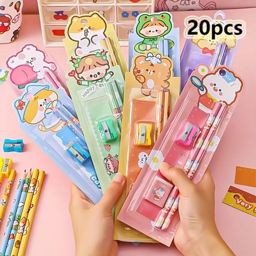 random 20 piece pencil stationery setcomes with ruler eraser and pencil sharpener cartoon style in 5 piece pencil pack festival gifts event competition prizes and school supplies random styles