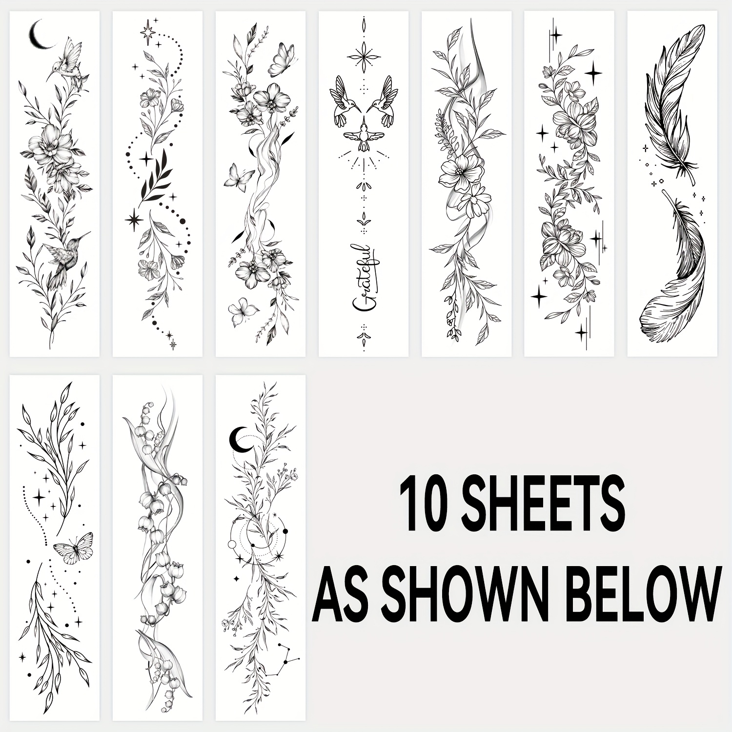 Image of Women's Temporary Tattoos - 10 Sheets Featuring Branches, Flowers, Leaves, And Wild Plants With Realistic Designs. Durable, Waterproof Tattoo Stickers For Body Art On , Collarbone, Legs, And Back
