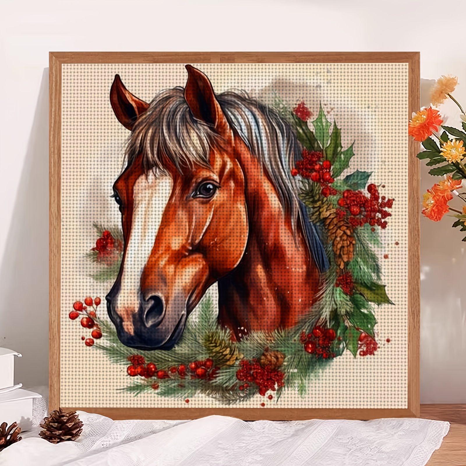 Cross-Stitch Kit Featuring Horses and Christmas Wreath Design