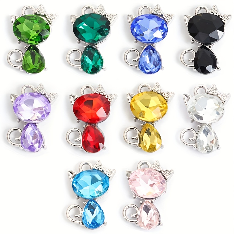 E-shop Ein Set aus 10 funkelnden Strass-Katzenanhängern, für modische Halsketten, Armbänder, Ohrringe, Schlüsselanhänger und -Accessoires. Diese