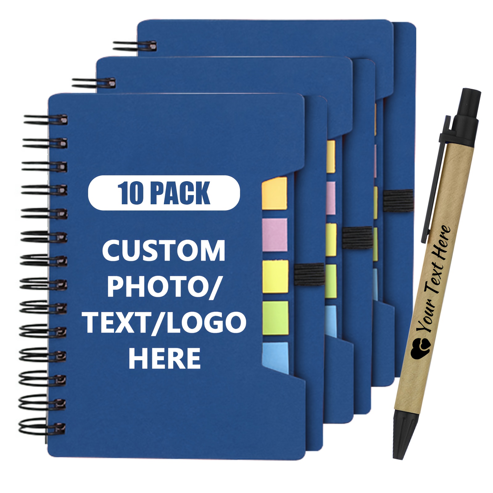 TEMU 10pcs Set Of Spiral-bound Notebooks With Paper Covers, Customizable With Logos/text/images, Featuring A Pen Holder, Sticky Notes, And Colorful