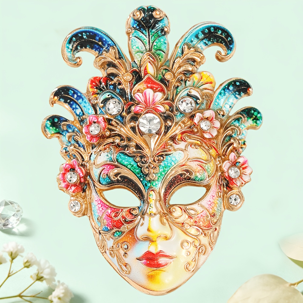 TEMU 1pc SOLEVDO Broche Vintage Vernissée avec Masque Vénitien Incrusté de Strass, Épinglette de Masque de Balle, Convient aux Costumes, Manteaux,