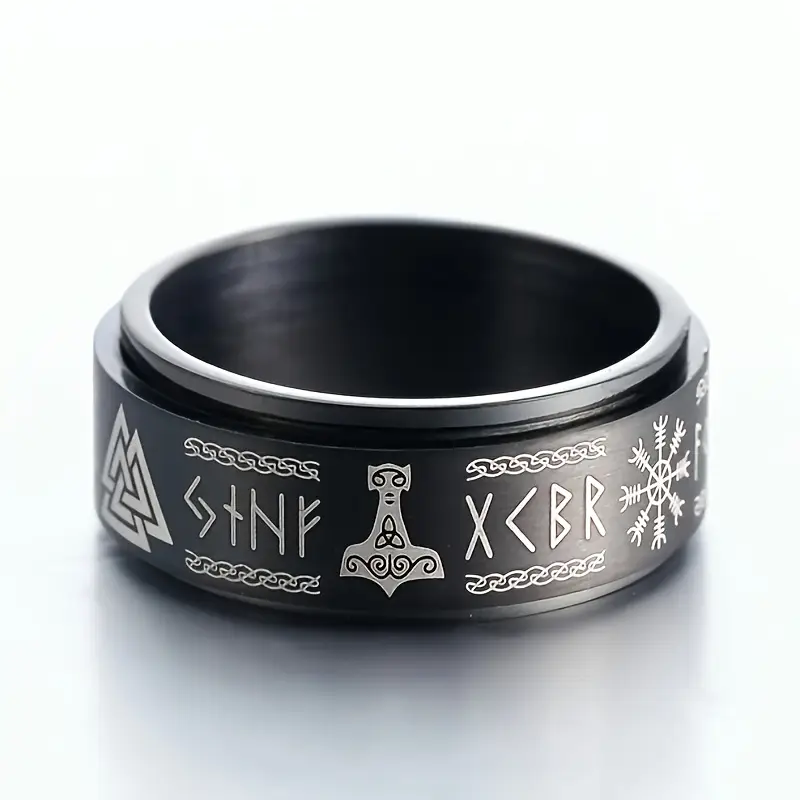 retro viking style stainless steel ring black rotating anxiety ring with intricate knotwork snowflake design unisex jewelry for men women anniversary valentines fathers day gifts Product details 0