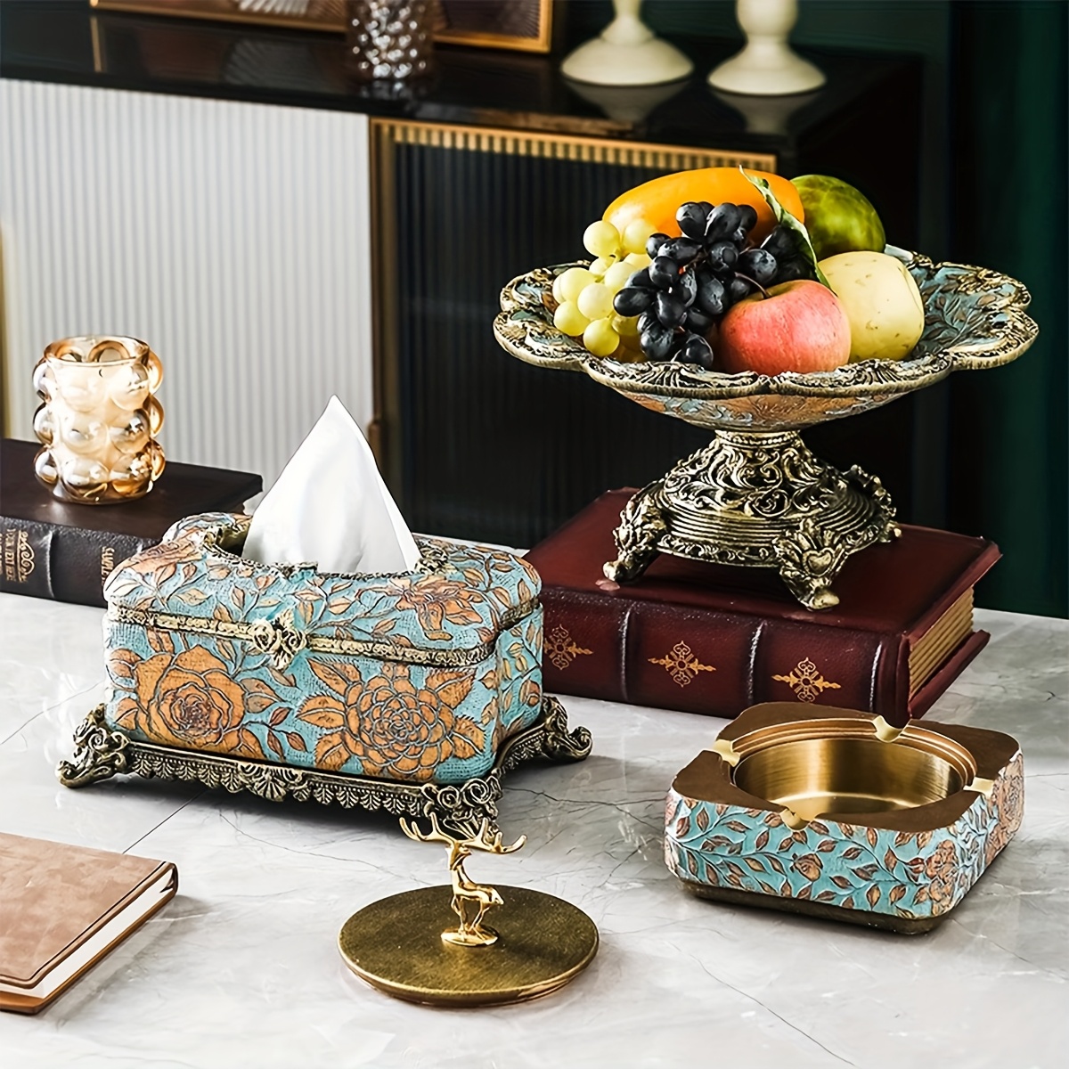 elegant floral resin tissue box holder square design with golden accents   bathroom desktop decor ideal christmas or halloween gift bathroom decor and accessories Product details 4