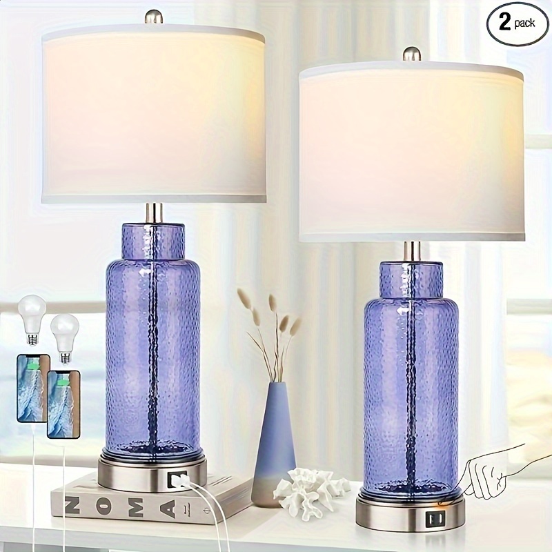 

Rottogoon Table Lamps For Bedrooms Set Of 2, Blue Glass Beside Lamps For Living Room With Touch Control Usb Ports, 26" Large Modern Coastal Nightstand Lamp White Shade Home Decor (led Bulbs Included)