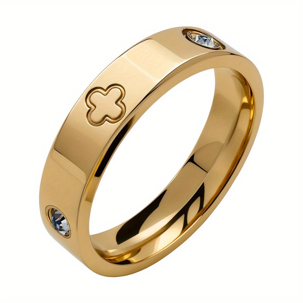 TEMU 1pc Luxury Clover Charm Ring For Women Men Non Tarnish Couple Rings Top Quality Stainless Steel Wedding Jewelry Golden Color