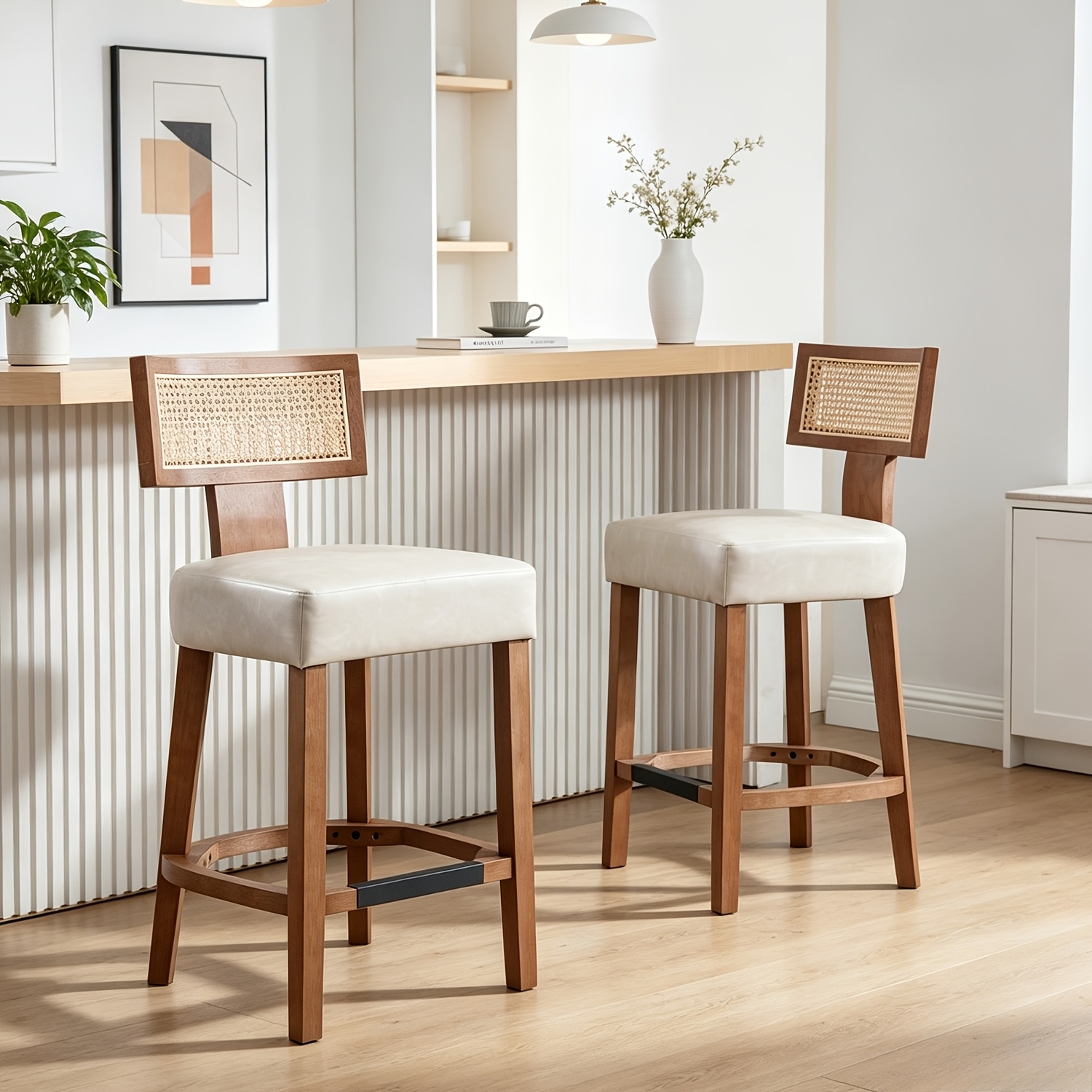 French Country Rattan Back Bar Stools - Set of 2 Wooden Legs