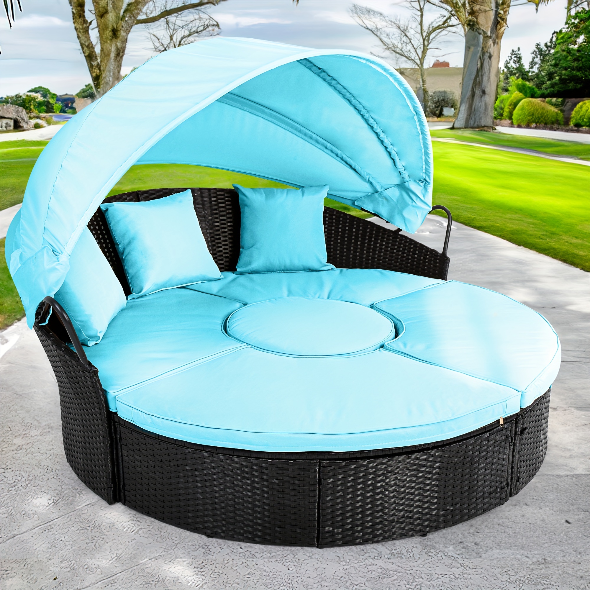 

Homiflex Patio Round Outdoor Daybed With Retractable Canopy Rattan Wicker Clamshell Furniture Seating With Soft Cushions For Backyard Porch Poolside (turquoise)