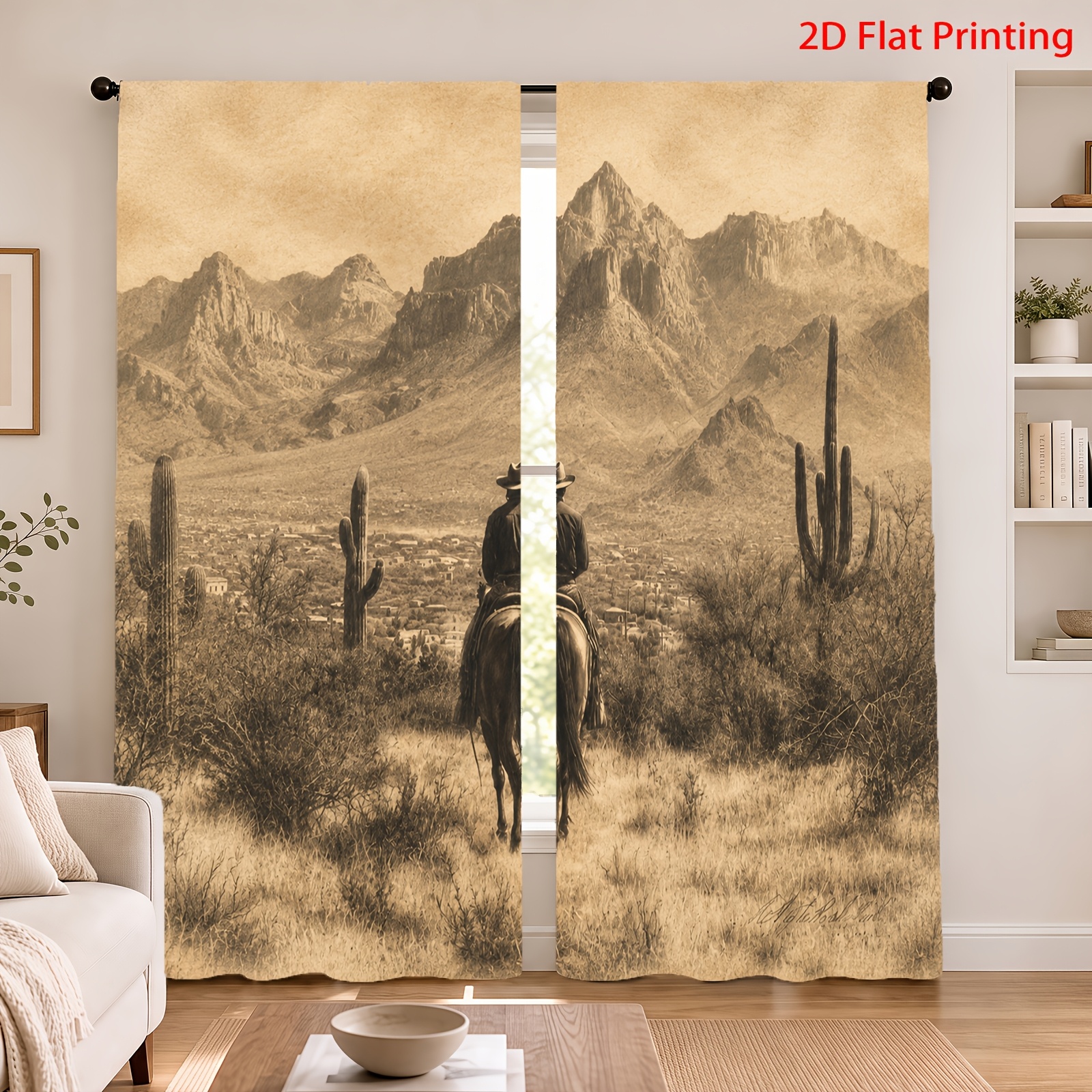item picture 2d flat 2pcs 2d flat printing western cowboy desert   mountains printed curtains soft light filtering privacy protection rod pocket installation suitable for living room kitchen bedroom study balcony   apartment