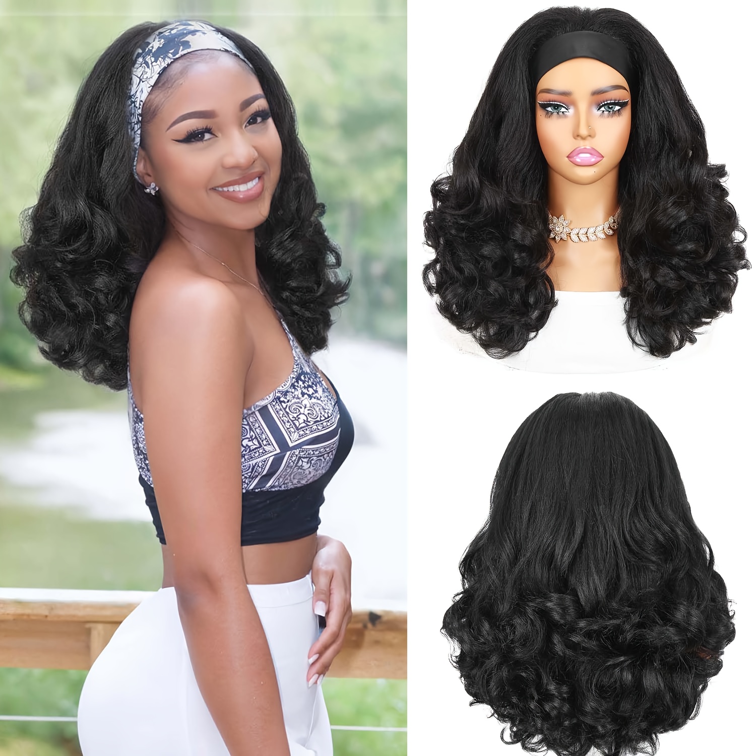 E-shop Locken Stirnband Perücke für Kinky Straight Schwarze Stirnband Lockenenden Synthetik Trag--Los Kleberfreie Halbperücke mit Angebrachten