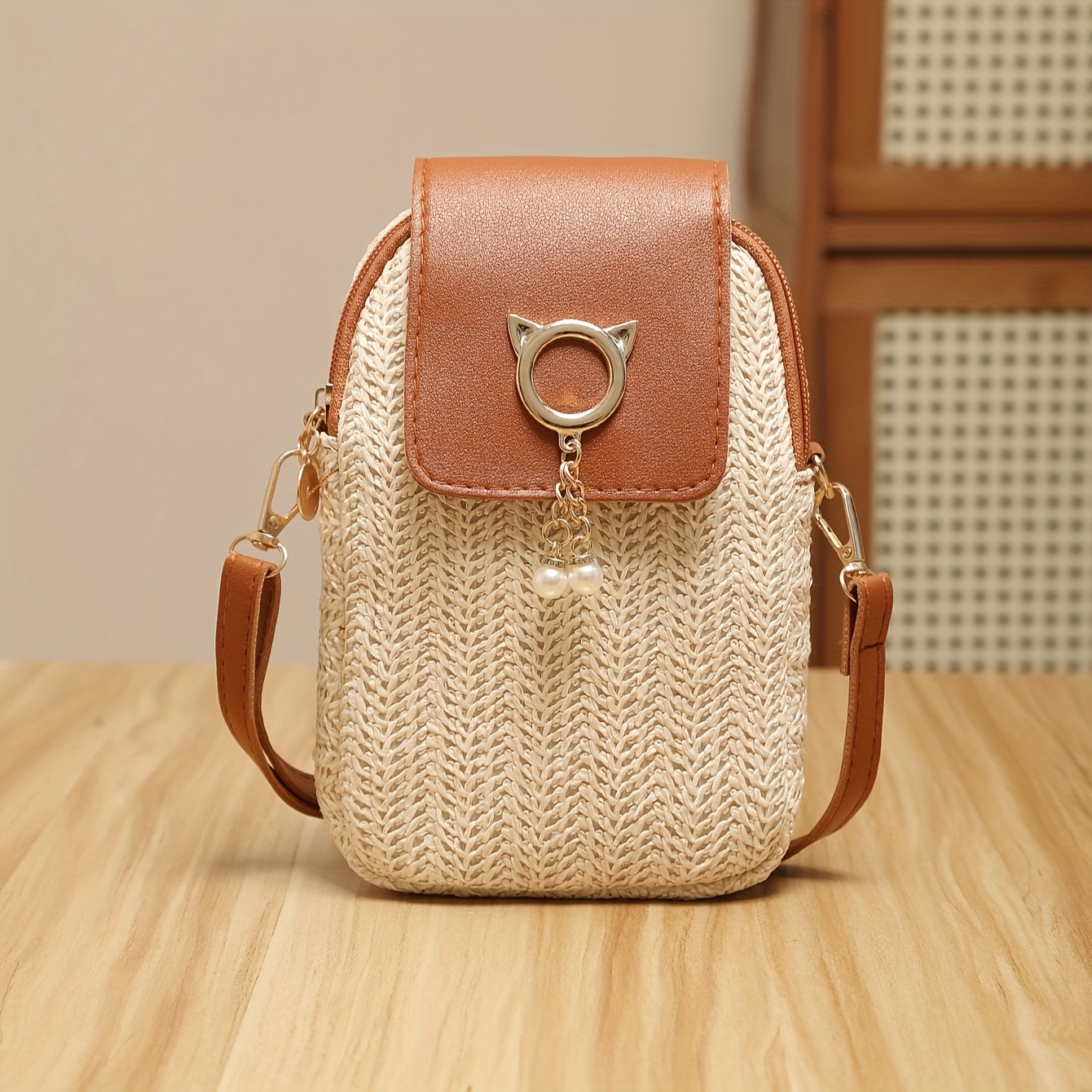 TEMU Nouveau sac de téléphone en paille tendance et , sac à pampilles nacrées, style sac pour adolescent, bandoulière unique, pour adolescent