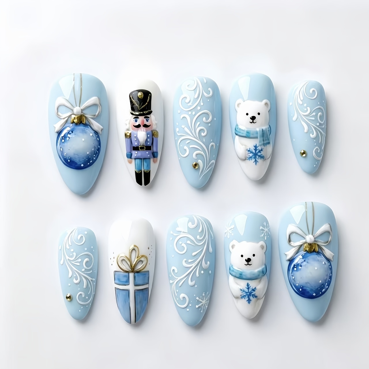 TEMU 10pcs Ongles d'hiver style glace limité, thème Noël, art d'ongle, et de boule de Noël, ongles détachables et portables