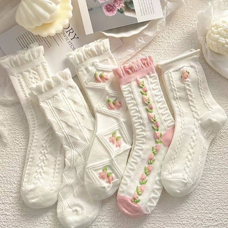 

5 Pairs Floral Pattern Socks, Sweet & Comfy Ruffle Mid Tube Socks, Women's Stockings & Hosiery