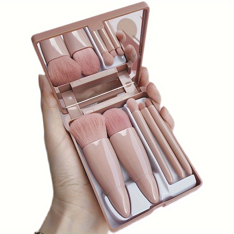 

5-piece Mini Travel Makeup Brush Set With Mirror - Portable Cosmetic Tools For Foundation, Powder, Eyeshadow & Lip - Includes Protective Case