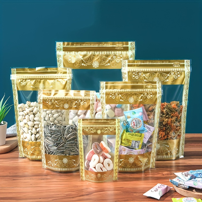 50pcs elegant   printed transparent golden zipper lock   reusable pet plastic food packaging bags for tea dried fruits   ideal for kitchen organization gift   gift packaging transparent window pouch durable zipper closure reusable food storage bags 0