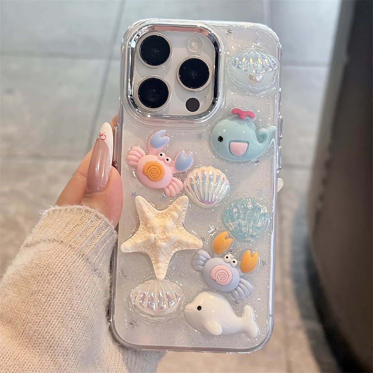 Adorable 3D Cartoon Phone Case Featuring a Crab And Dolphin, Designed for Iphone Models 16, 15, 14, 13, 11, And 12 Pro Max, As Well As 16, 15, And 14 Plus, Offering a Stylish Ocean-Themed Clear Protective Cover.