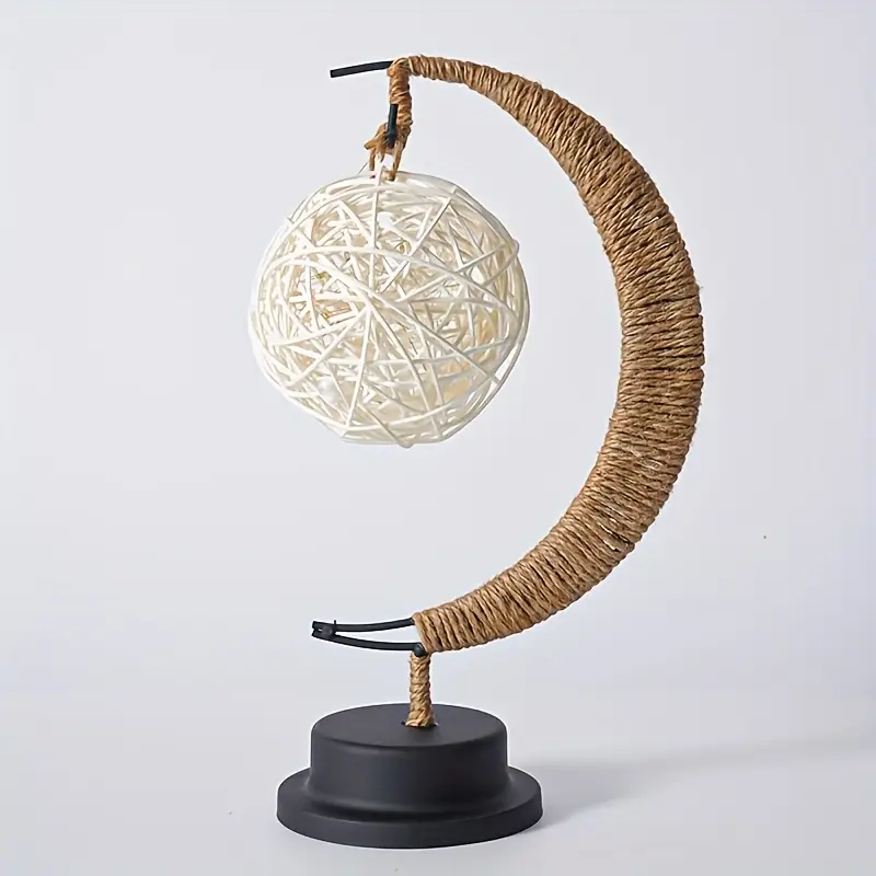 rattan decor led bedside desk lamp usb powered cartoon inspired night light shaped shade polished metal base warm ambient lighting for bedroom living room home decor table lamp for bedroom bedroom lighting metallic Product details 3