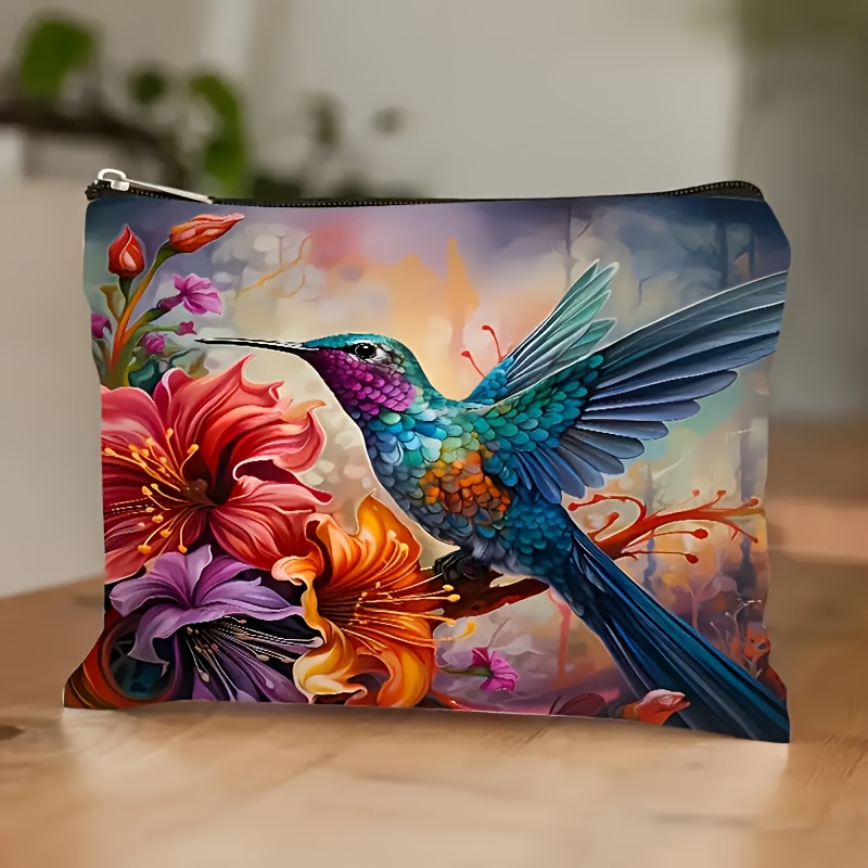 TEMU Chic Hummingbird & Floral Linen Makeup Bag With Secure Zipper - Lightweight, Travel Cosmetic Pouch For Women