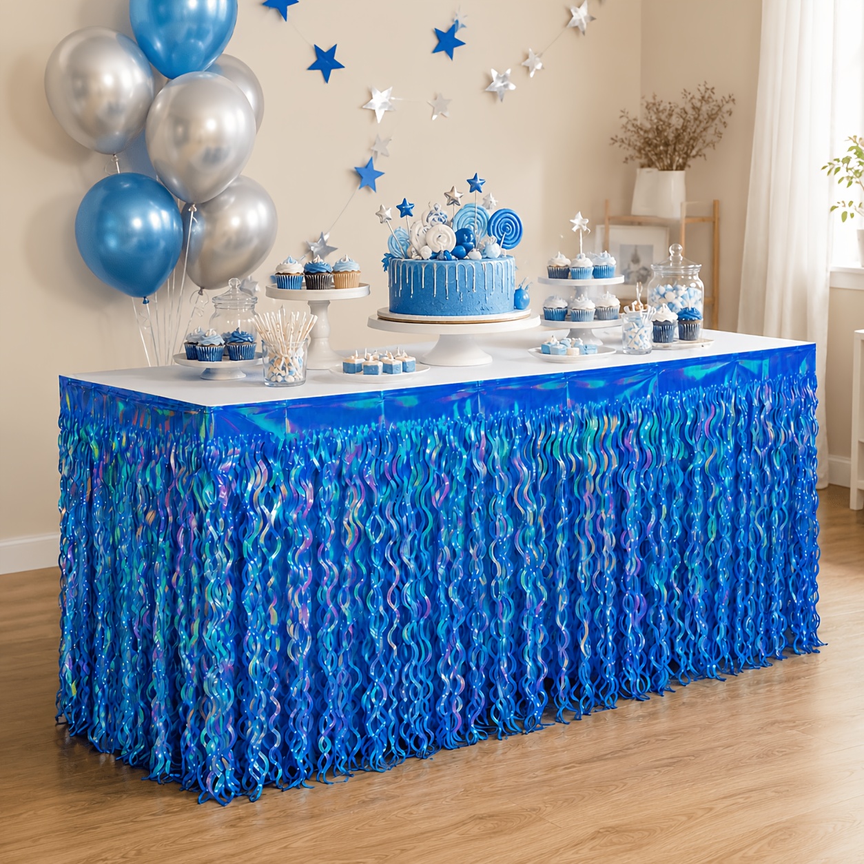 TEMU 1pc Blue Colorful Tassel Table Skirt 275 × 75cm Metal Foil Glitter Table Surround Theme Birthday Party Wedding Gender Reveal Dessert Stand Cake