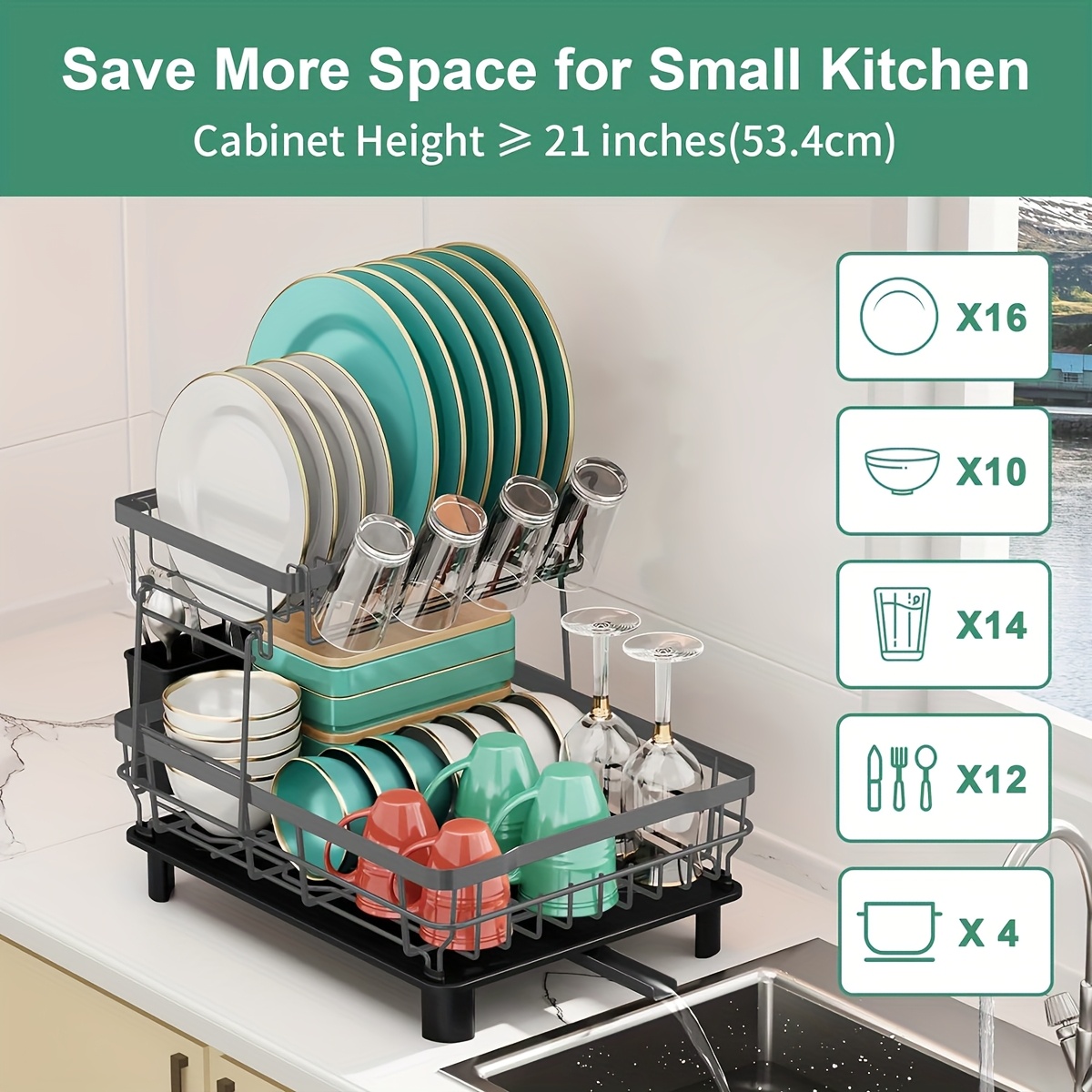 dish drying rack for kitchen counter sink durable stainless steel dish drainers with drain board cutlery holder cups holder and swivel spout Product details 5