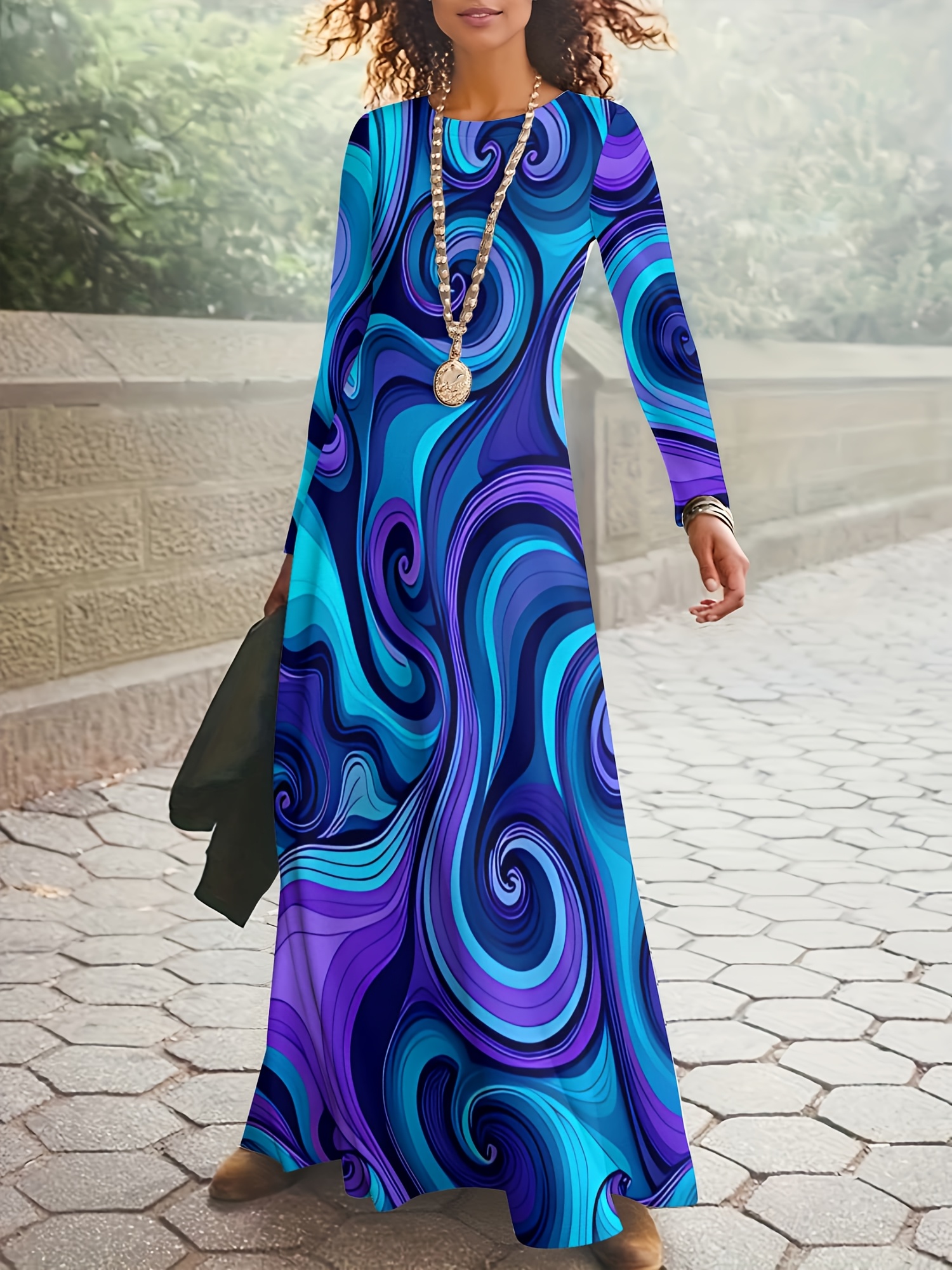 bohemian vintage full body spiral print maxi dress long - Temu