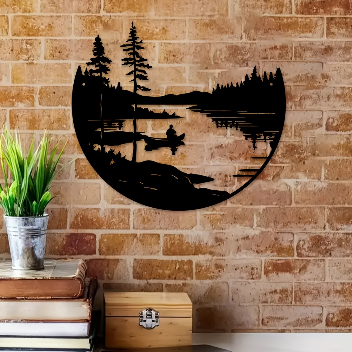 

1pc Bohemian Style Metal Wall Art, Scenic Lake And Mountains Silhouette, Round Outdoor Sculpture, Home & Patio Wall Decor, Rustic Iron Hanging Artwork For Living Room And Balcony
