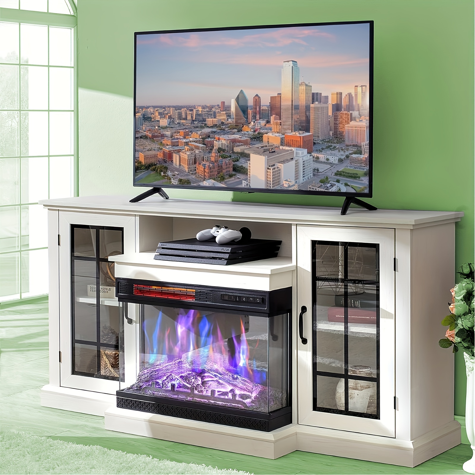 

59" 3-sided Glass Fireplace Tv Stand For Televisions Up To 65'' With 12 Color Options