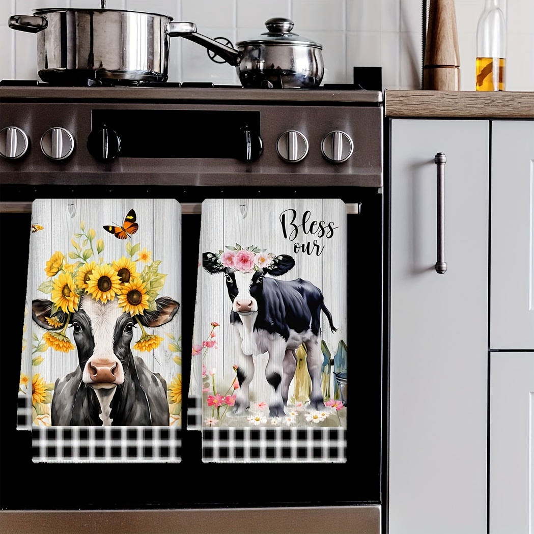 

2 Pack Of Rustic Farmhouse Kitchen Towels: Adorable Cow Decor, Absorbent, Machine Washable, 100% Ultra-, Rectangular Shape, High Absorbency, Animal Theme, Knit Fabric, Cover Material: Ultra-