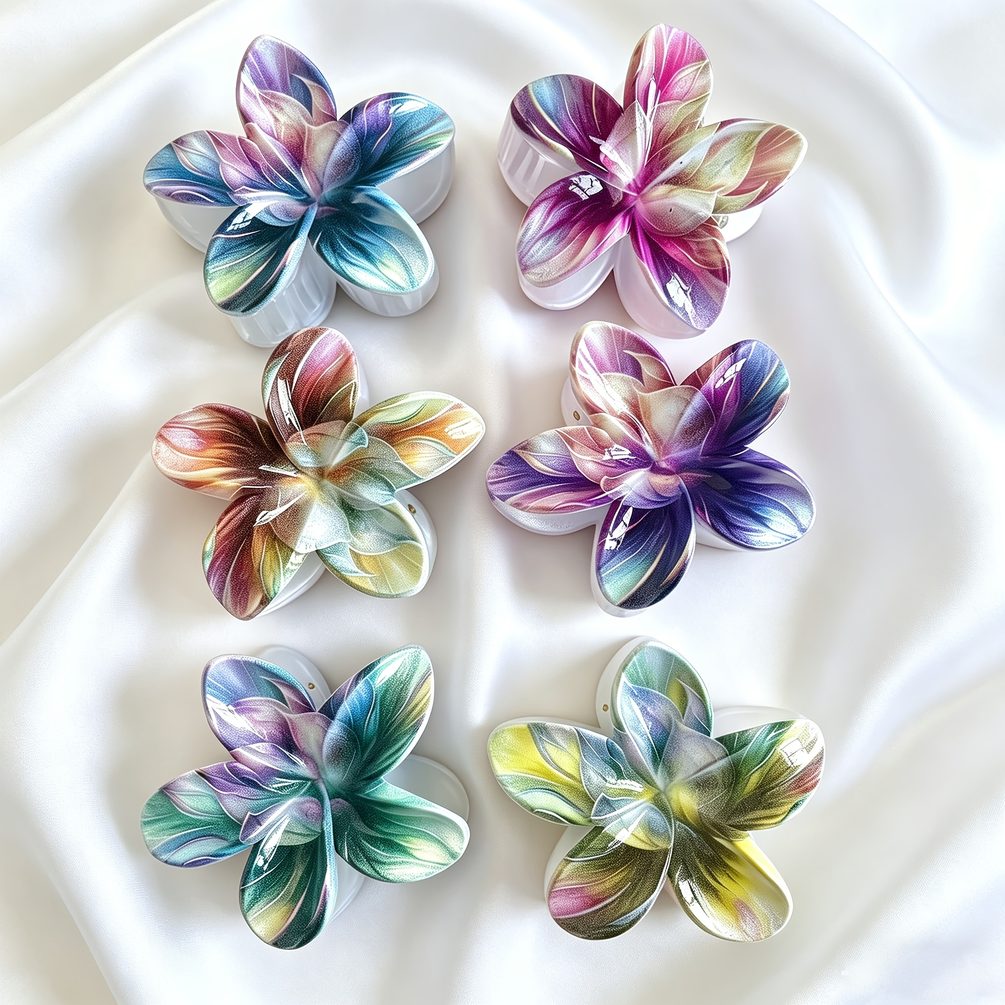 Image of 6pcs Plumeria Flower Hair Claw Clips, Artistic Gradient Print Jaw Clips, Large Non-slip Clips For Women