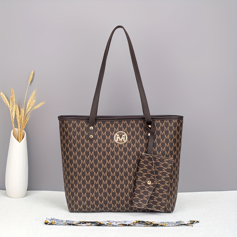 Image of Trendy Letter Print Tote Bag With Small Clutch, Exquisite Scarf, Versatile Bag, Suitable For Occasions And Travel